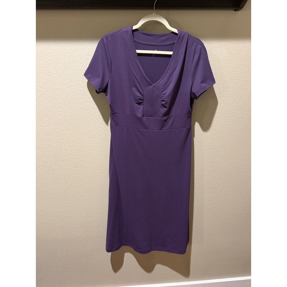 Eddie Bauer Fit Flare Travex Dress Womens Purple Short Sleeve V-Neck Stretch L